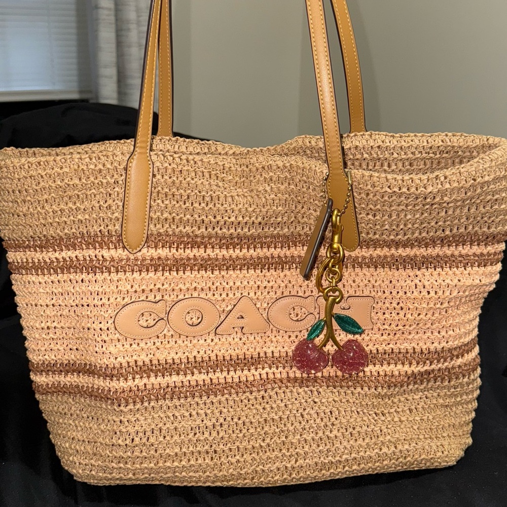 Coach Tan and Brown Woven Tote with Cherry Charm